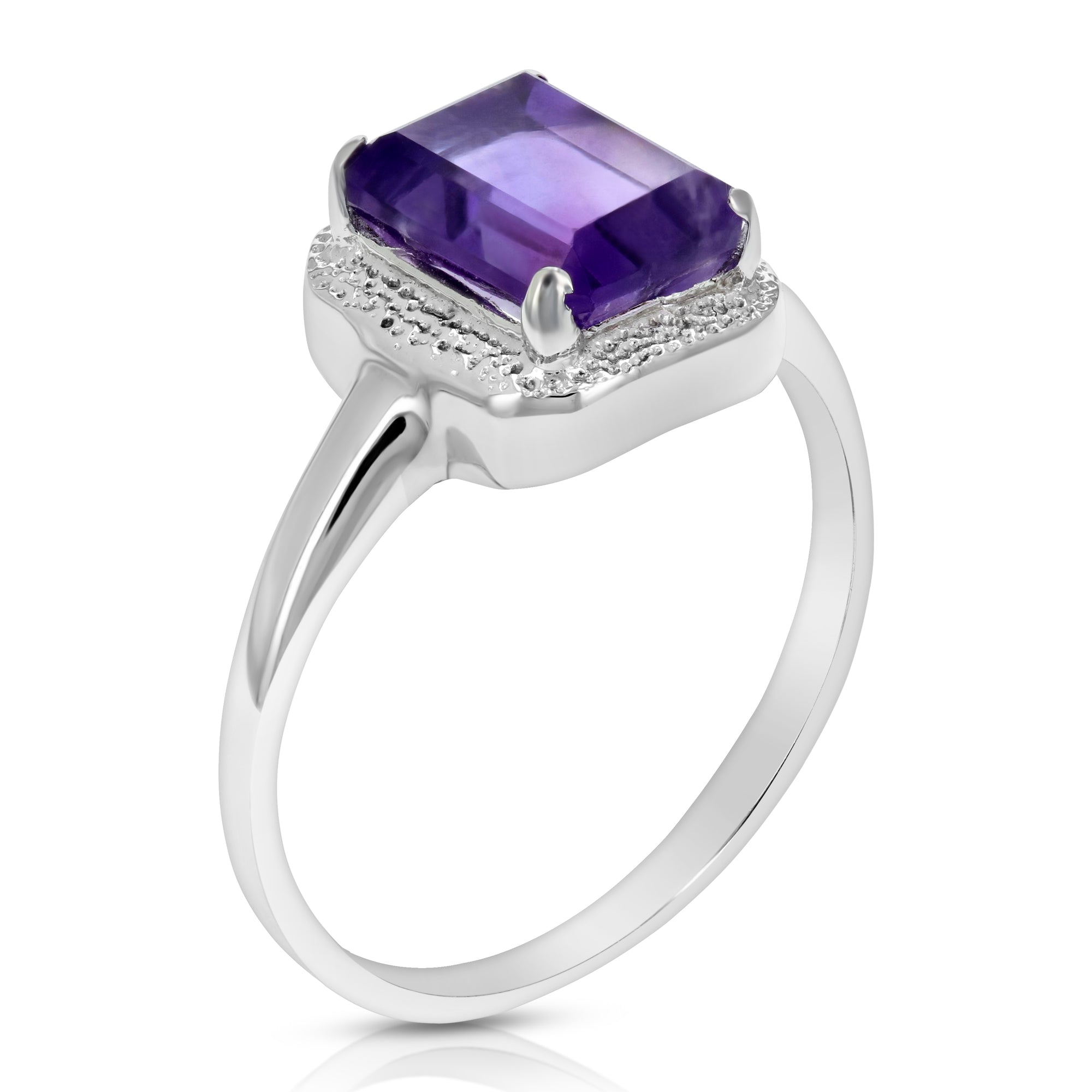 0.90 cttw Purple Amethyst Ring .925 Sterling Silver with Rhodium Emerald 8x6 MM