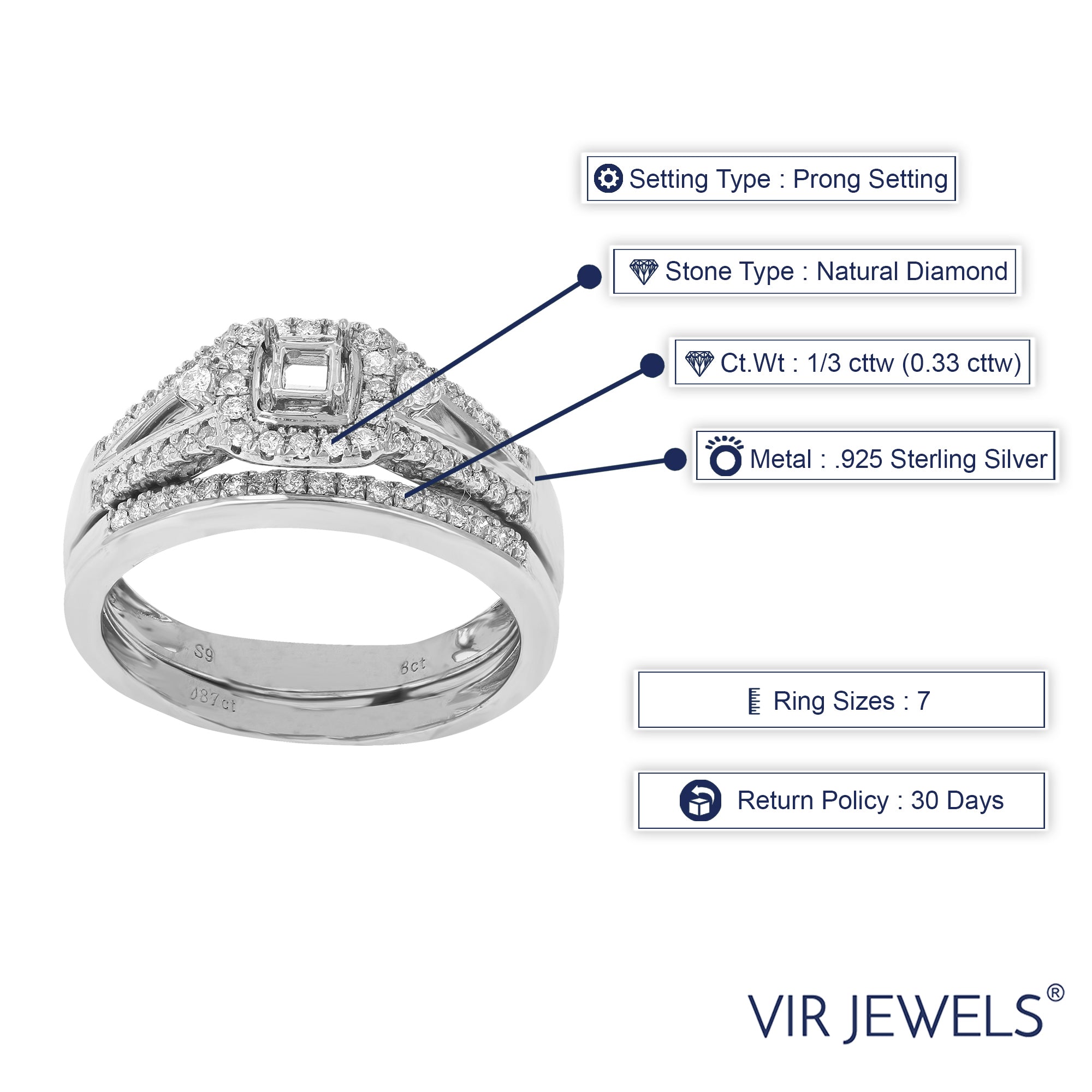 1/3 cttw Diamond Semi Mount Bridal Set with Center Princess Silver Size 7