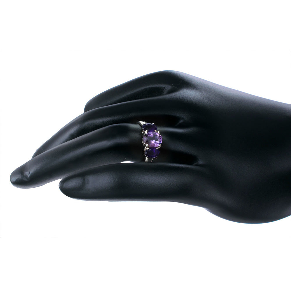 2.40 cttw 3 Stone Purple Amethyst Ring Oval .925 Sterling Silver with Rhodium