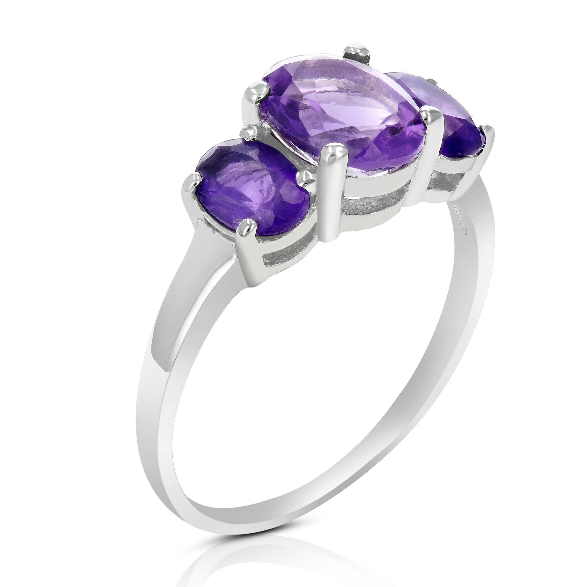 2.40 cttw 3 Stone Purple Amethyst Ring Oval .925 Sterling Silver with Rhodium