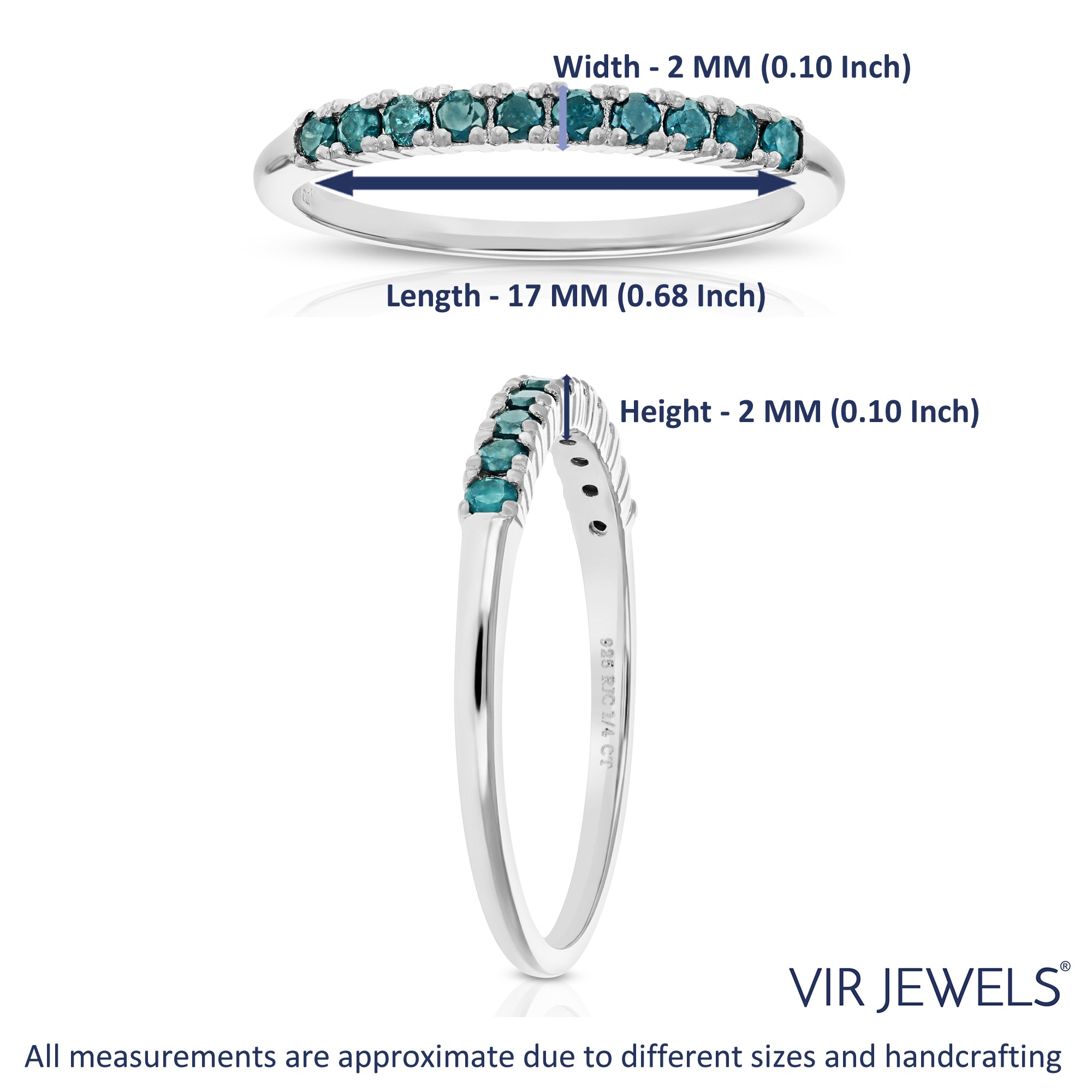 1/4 cttw Blue Diamond Wedding Band for Women in 0.925 Sterling Silver 10 Stones, Size 4.5-10