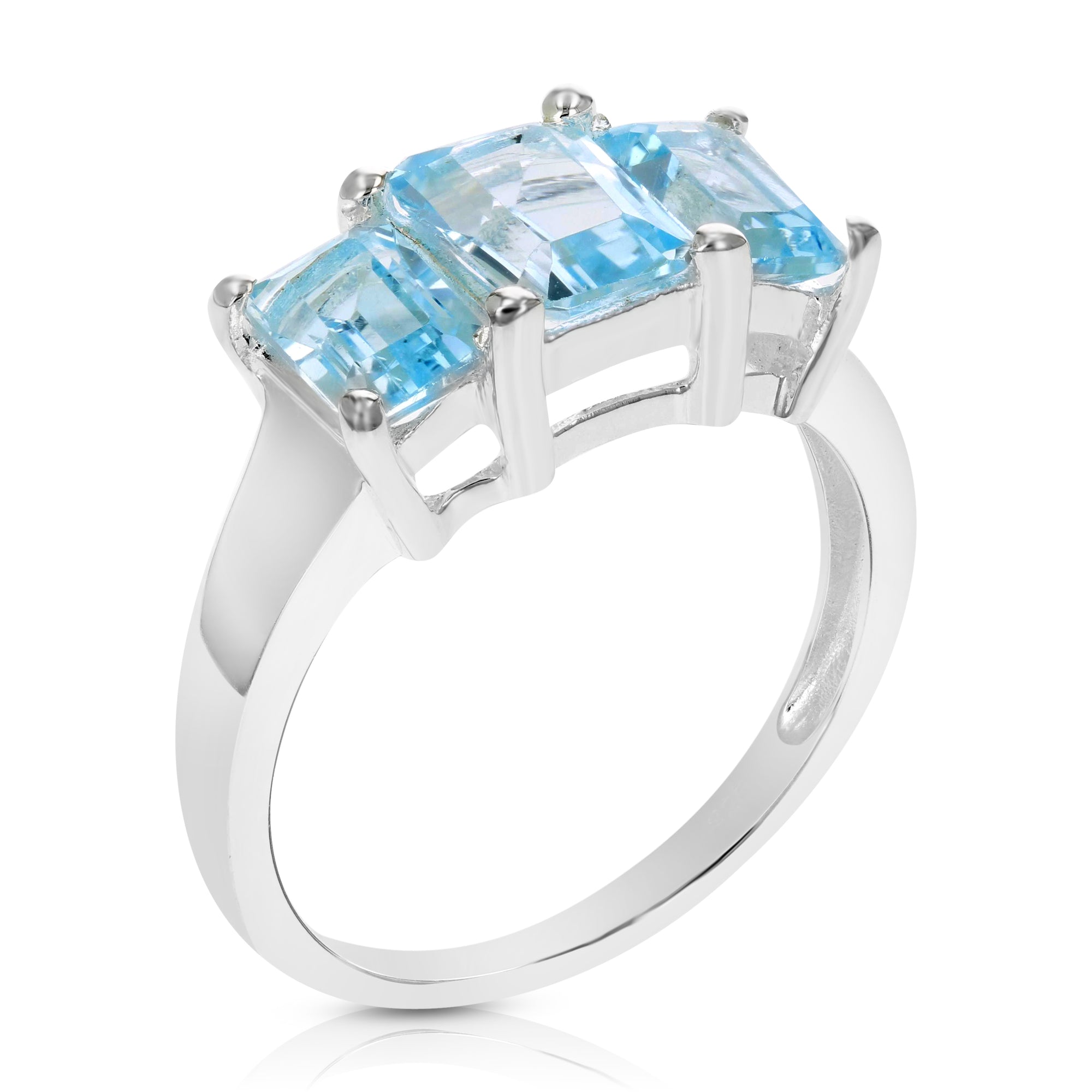 1.50 cttw 3 Stone Blue Topaz Ring .925 Sterling Silver with Rhodium Emerald