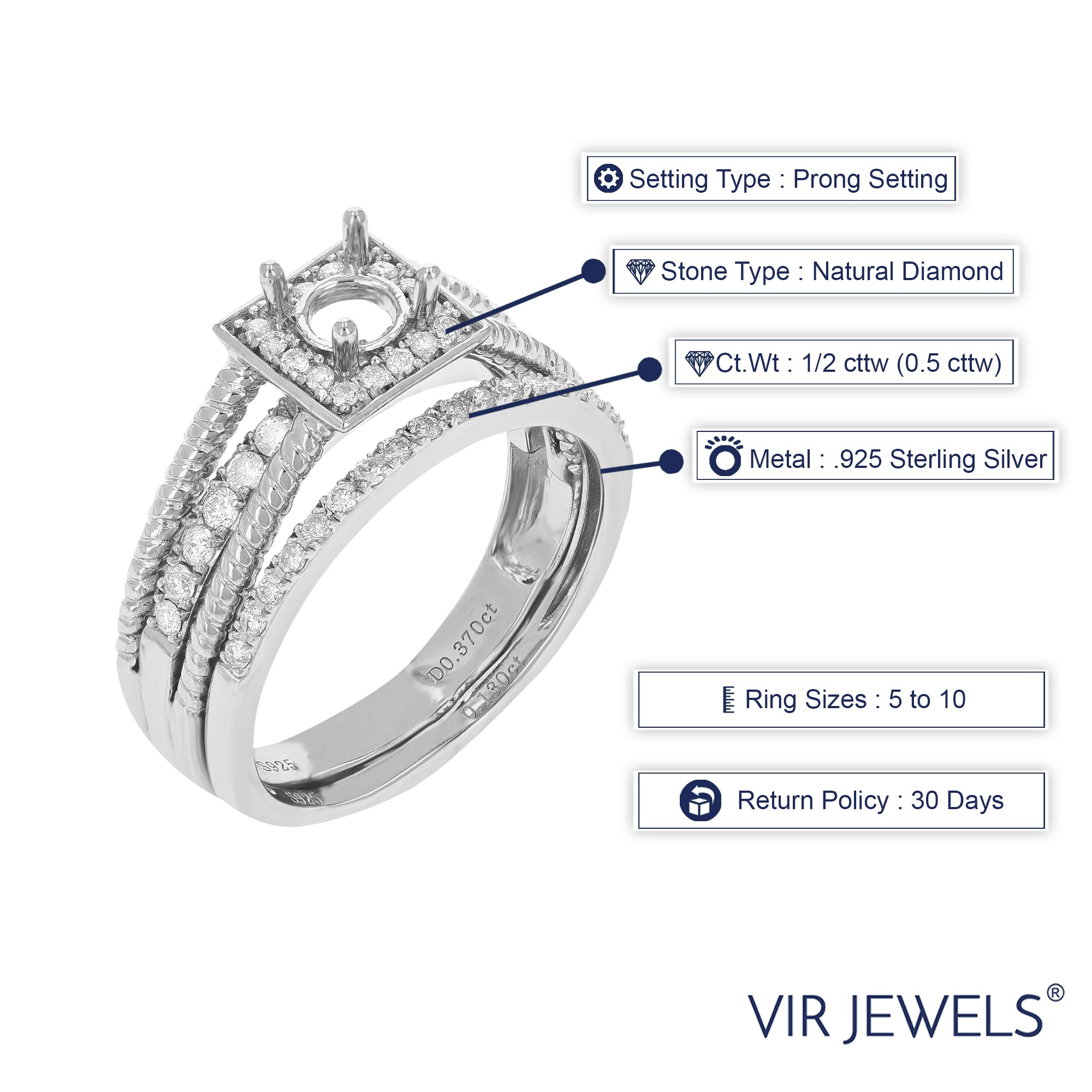 1/2 cttw Diamond Semi Mount Bridal Set with Cable Design .925 Sterling Silver Size 7