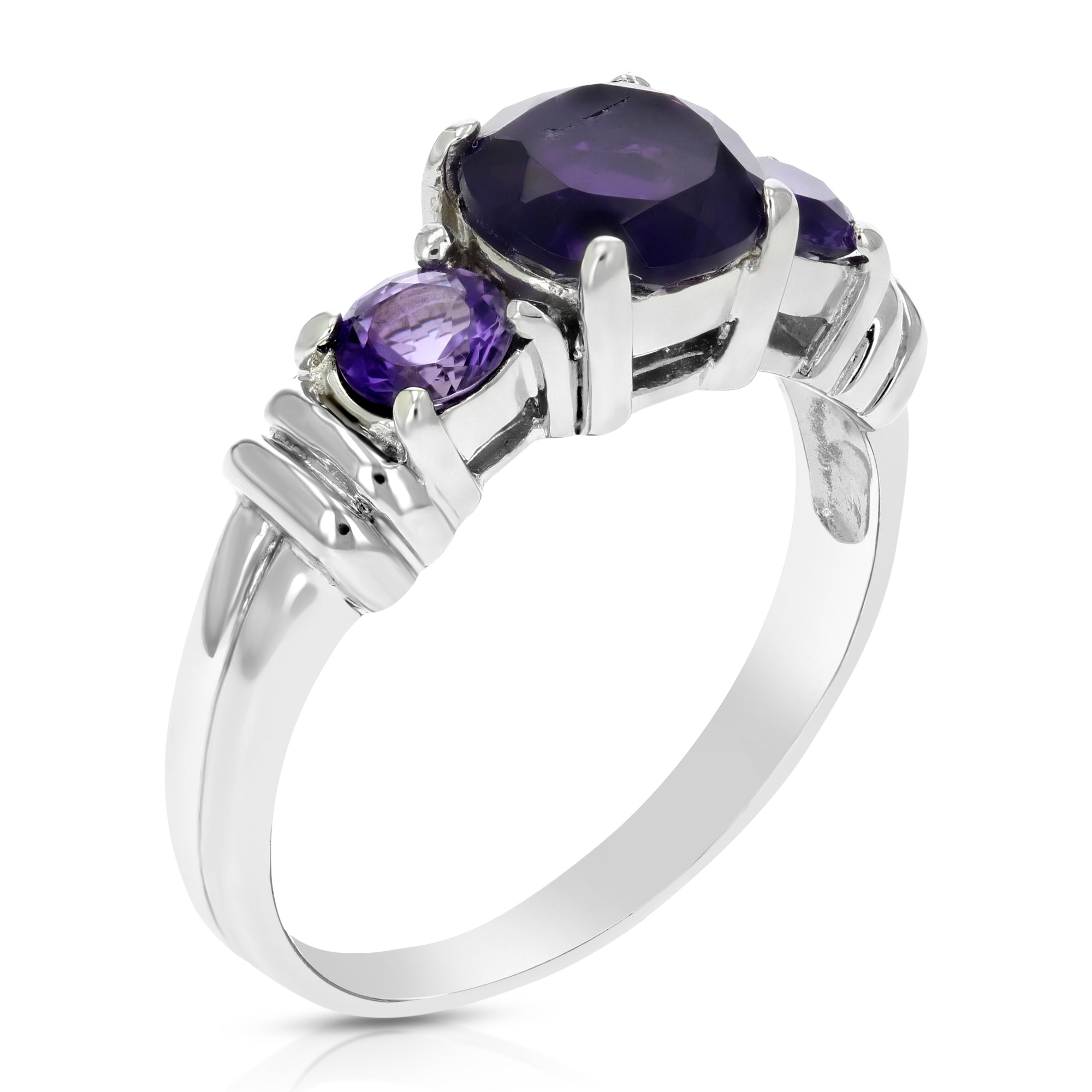 1.70 cttw 3 Stone Purple Amethyst Ring .925 Sterling Silver with Rhodium Round