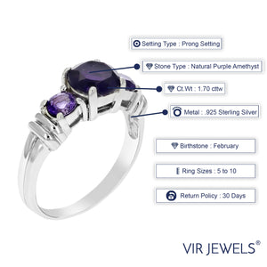 1.70 cttw 3 Stone Purple Amethyst Ring .925 Sterling Silver with Rhodium Round