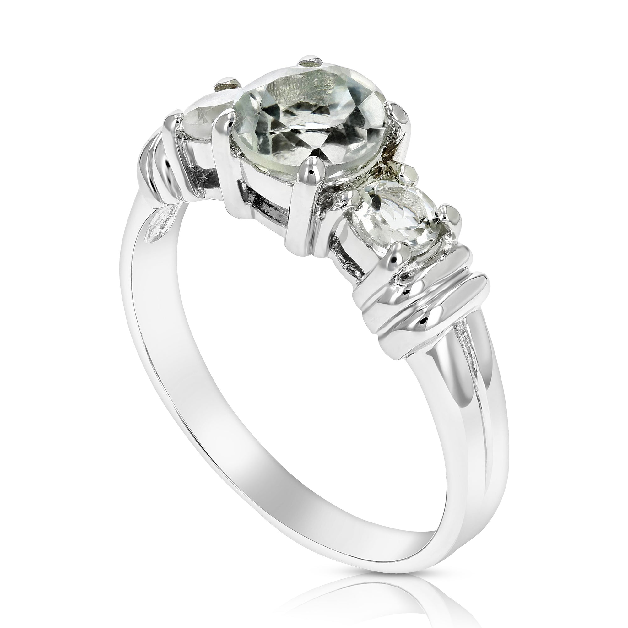 1.70 cttw 3 Stone Green Amethyst Ring in .925 Sterling Silver with Rhodium Round