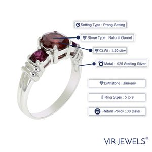 1.20 cttw 3 Stone Garnet Ring in .925 Sterling Silver with Rhodium Plating Round