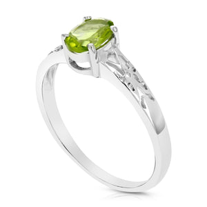 0.70 cttw Peridot Ring .925 Sterling Silver with Rhodium and Filigree Oval Shape