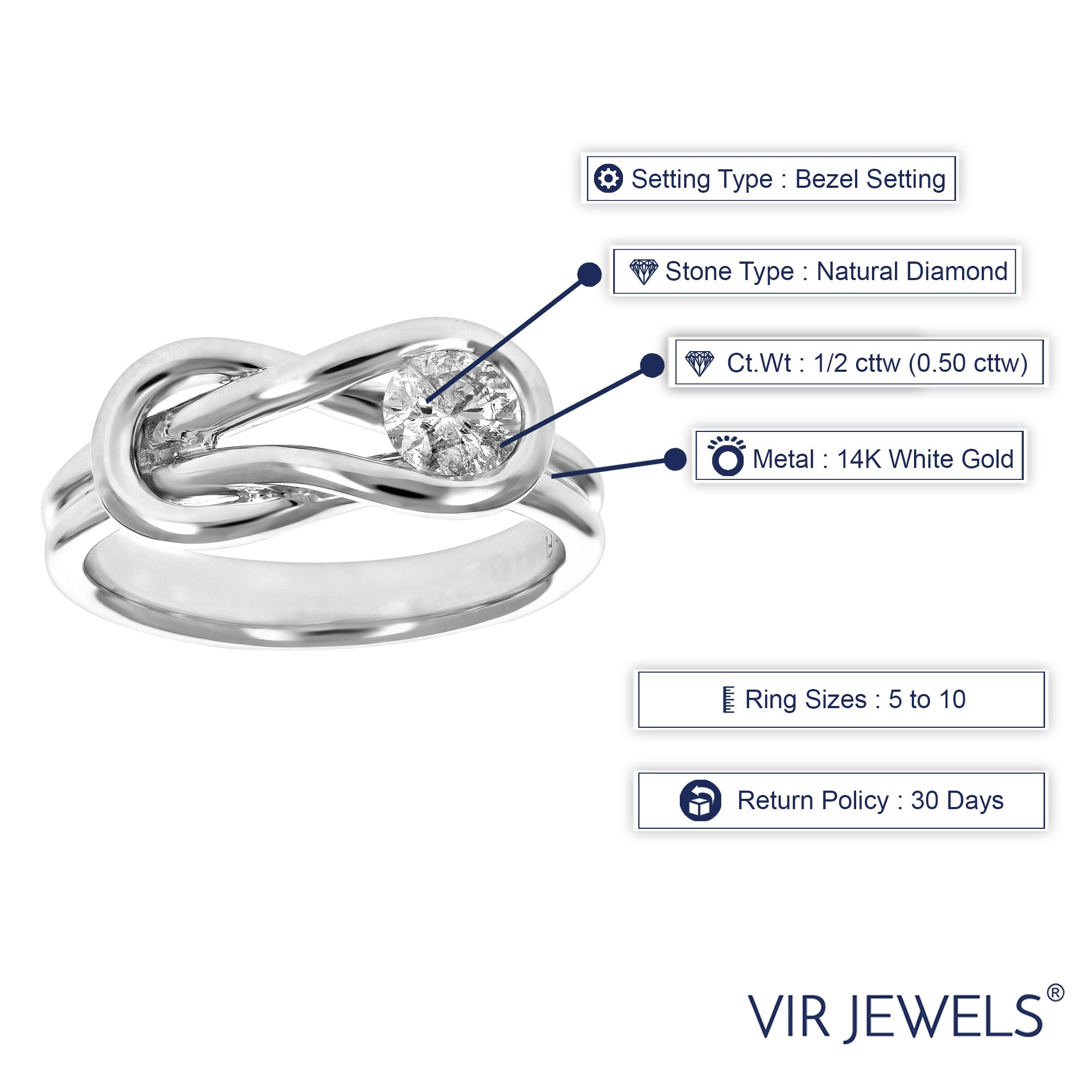 1/2 cttw Diamond Knot Ring 14K White Gold Solitaire Engagement Bridal Size 7