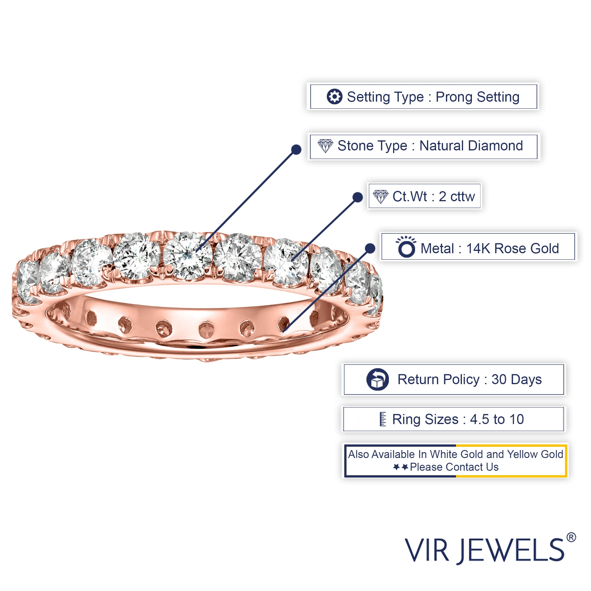 2 cttw Diamond Eternity Ring for Women, Wedding Band in 14K Rose Gold Prong Set, Size 4.5-10
