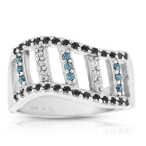 0.35 cttw Black, Blue and White Diamond Wedding Band Ring 10K White Gold Size 7
