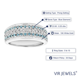 0.55 cttw Blue and White Diamond Wedding Band Bridal Ring 10K White Gold Size 7