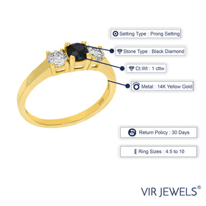 1 cttw 3 Stone Black and White Diamond Engagement Ring 14K Yellow Gold Bridal
