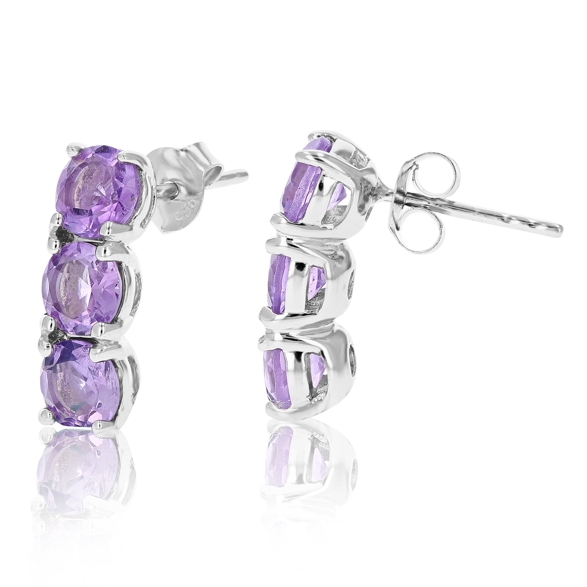 1.75 cttw Purple Amethyst Dangle Earrings .925 Sterling Silver 3 Stone Round 5MM