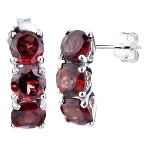 1.75 cttw 3 Stone Garnet Earrings in .925 Sterling Silver with Rhodium Round