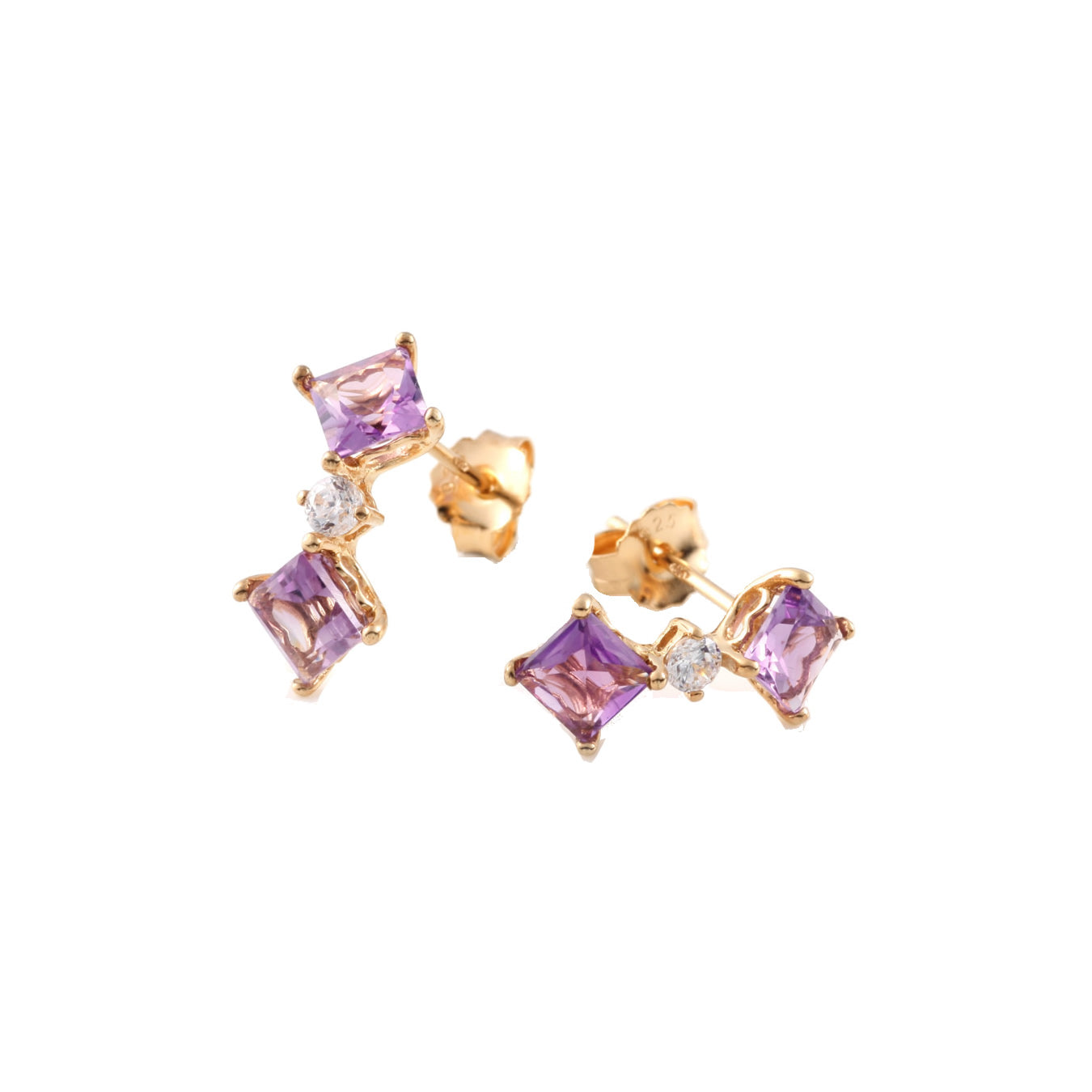 2 cttw Purple Amethyst Dangle Earrings Yellow Gold Plated Silver 2 Stone 5 MM