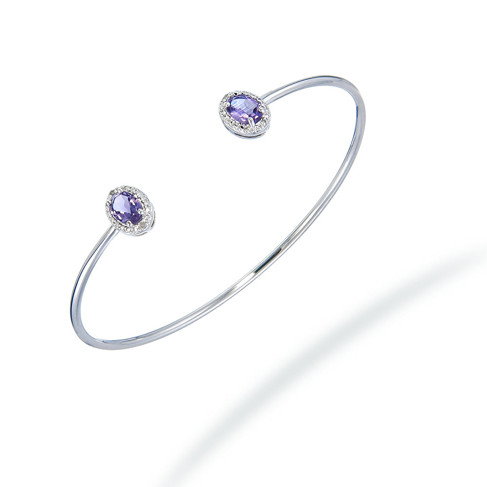 1 cttw Purple Amethyst And Diamond Cuff Bangle Bracelet Brass Rhodium 7x5mm Oval