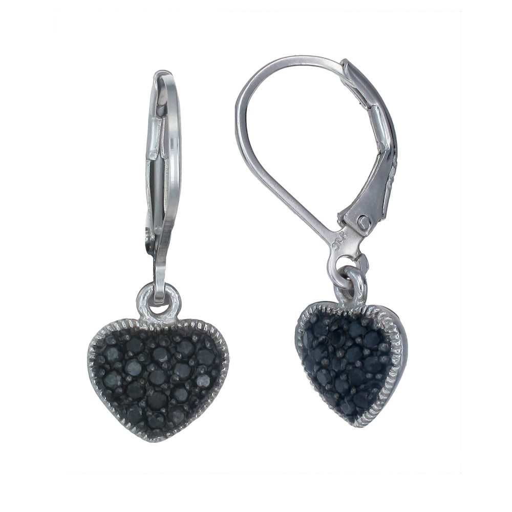 1/3 cttw Black Diamond Dangle Earrings .925 Sterling Silver With Rhodium Heart