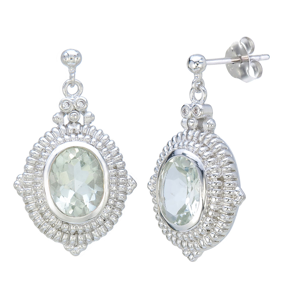 3.30 cttw Green Amethyst Dangle Earrings Brass With Rhodium Plating 10x8 MM Oval