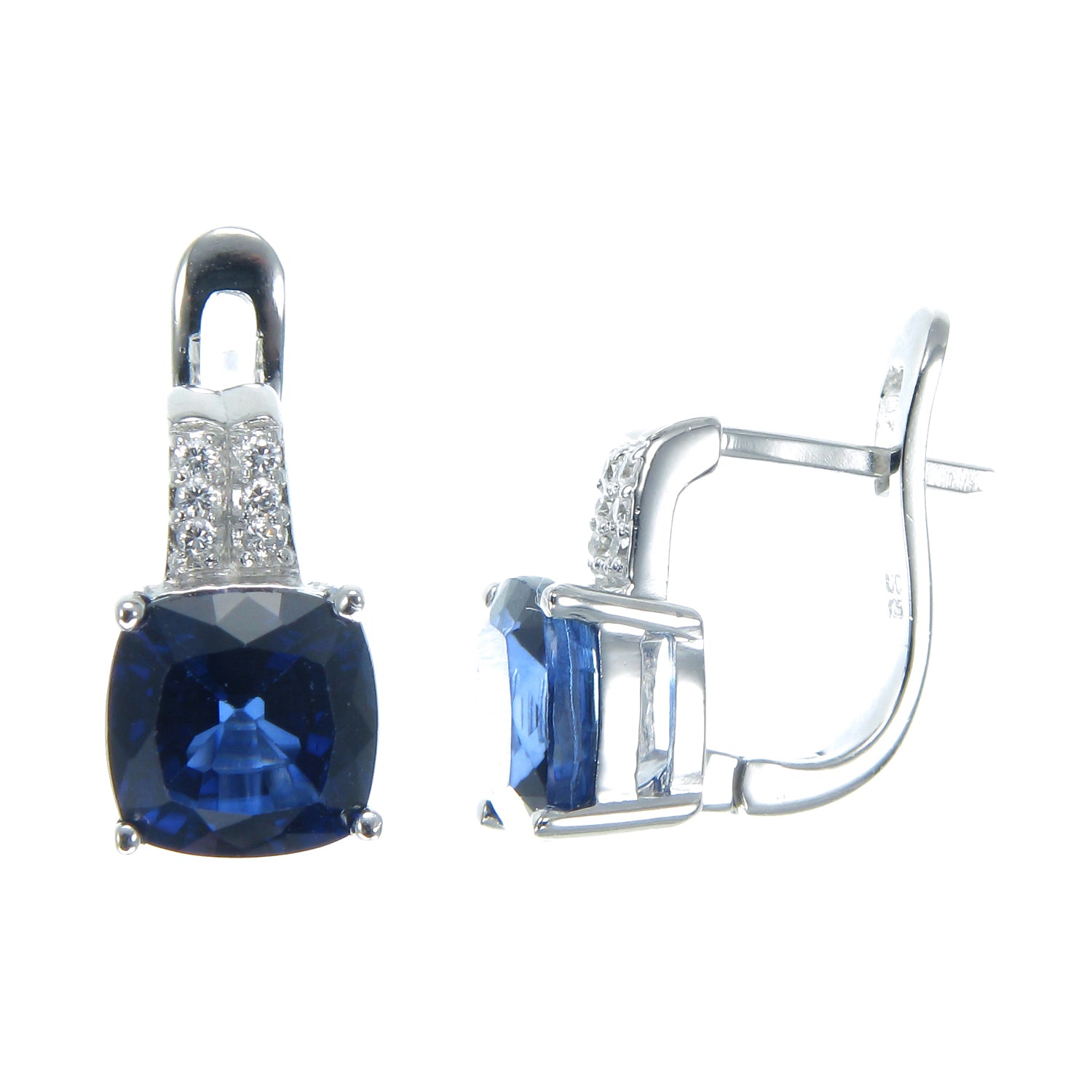 1.70 cttw Created Sapphire Dangle Earrings .925 Sterling Silver 6 MM Cushion Cut