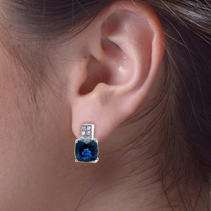 1.70 cttw Created Sapphire Dangle Earrings .925 Sterling Silver 6 MM Cushion Cut