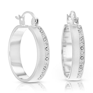 1/20 cttw Diamond Hoop Earrings Brass with Rhodium and Matte Finish 3/4 Inch