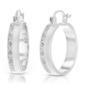 1/20 cttw Diamond Hoop Earrings Brass with Rhodium and Matte Finish 3/4 Inch