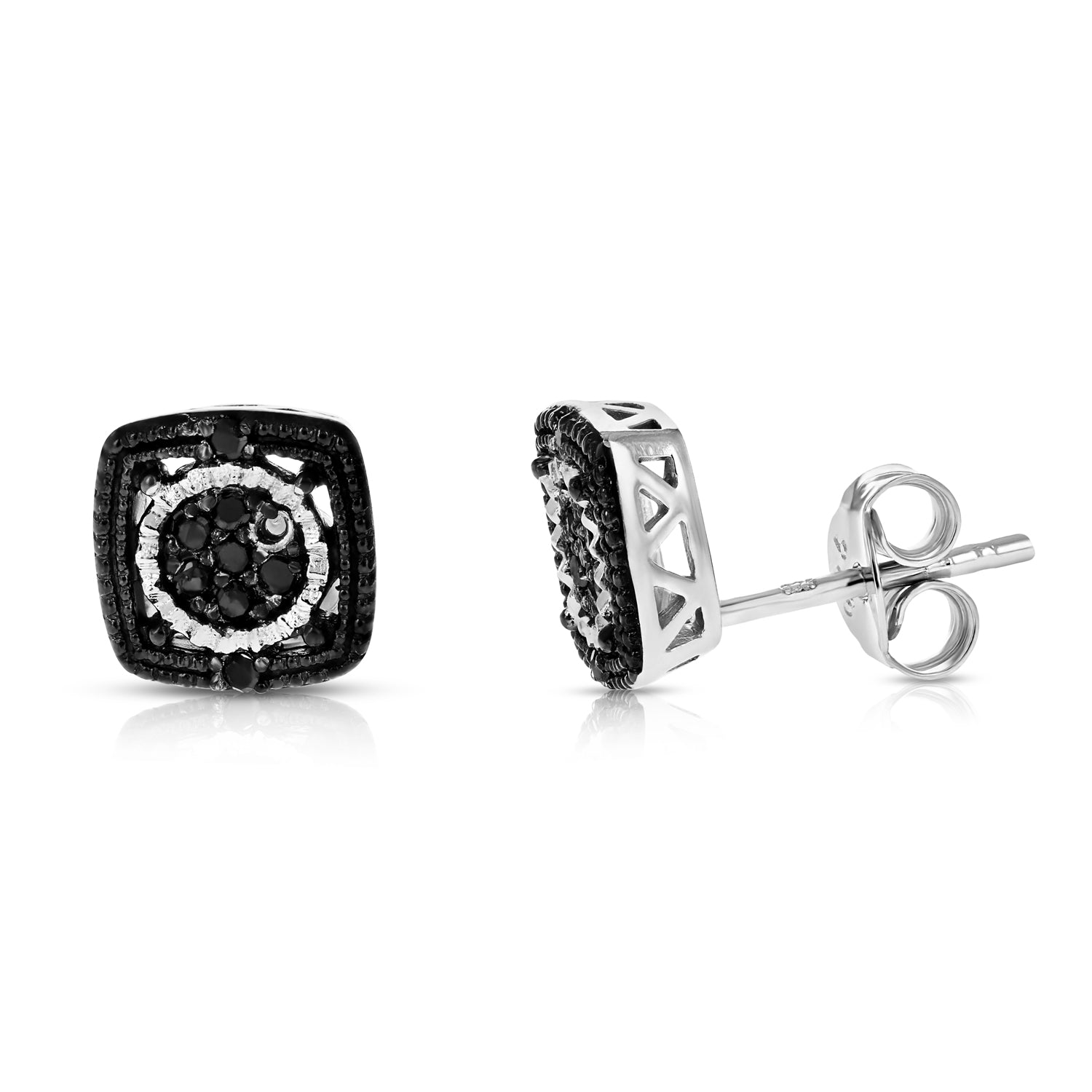 1/8 cttw Black Diamond Earrings in .925 Sterling Silver Push Backs Square Shape