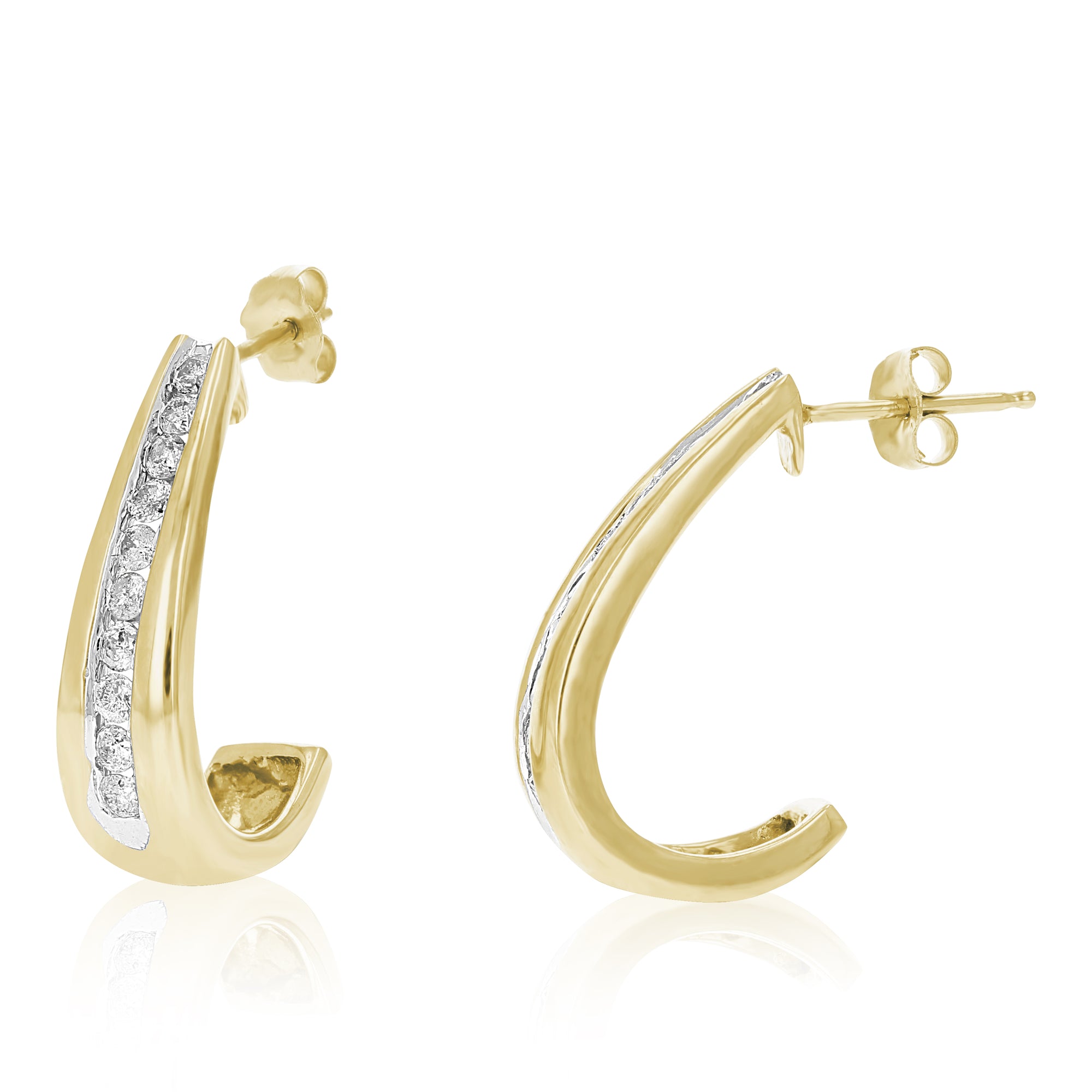 1/2 cttw Diamond J Shape Hoop Earrings 14K Yellow Gold Push Backs 3/4 Inch