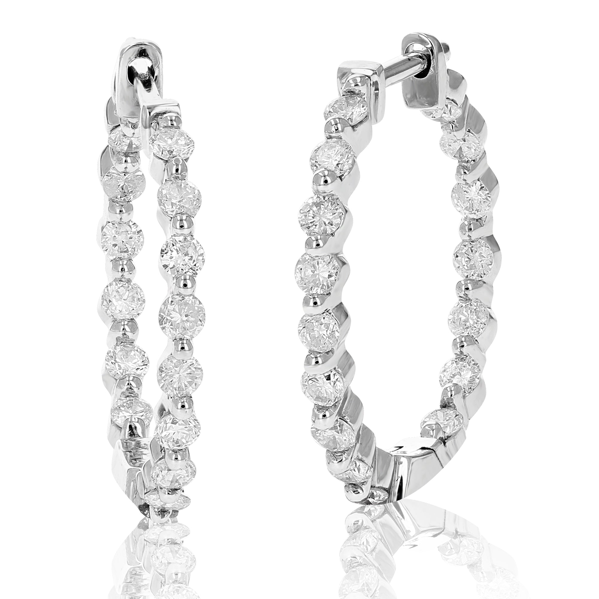 1 cttw Diamond Inside Out Hoop Earrings 14K White Gold Round Prong Set 3/4 Inch
