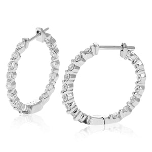 1 cttw Diamond Inside Out Hoop Earrings 14K White Gold Round Prong Set 3/4 Inch
