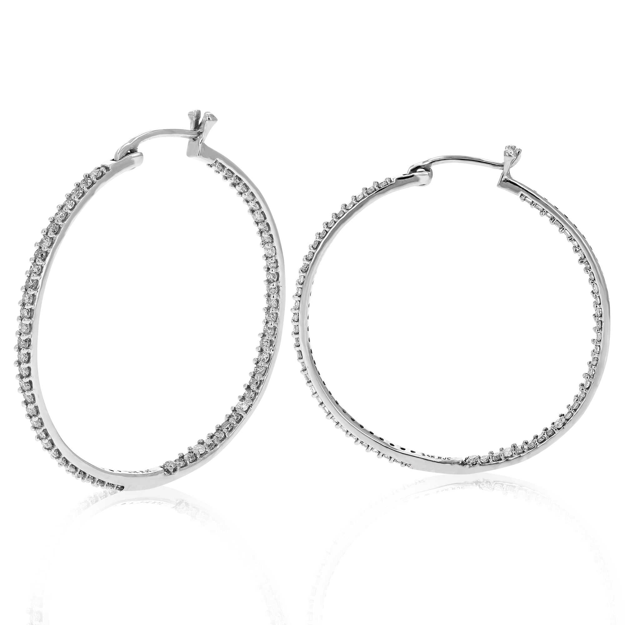 1 cttw Diamond Inside Out Hoop Earrings 14K White Gold Round Prong Set 1 Inch