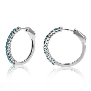 1 cttw Blue Diamond Hoop Earrings .925 Sterling Silver 28 Stones Dangle 1 Inch