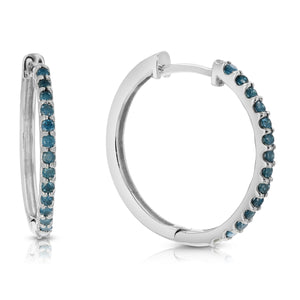 1/2 cttw Blue Diamond Hoop Earrings .925 Sterling Silver 26 Stones 3/4 Inch