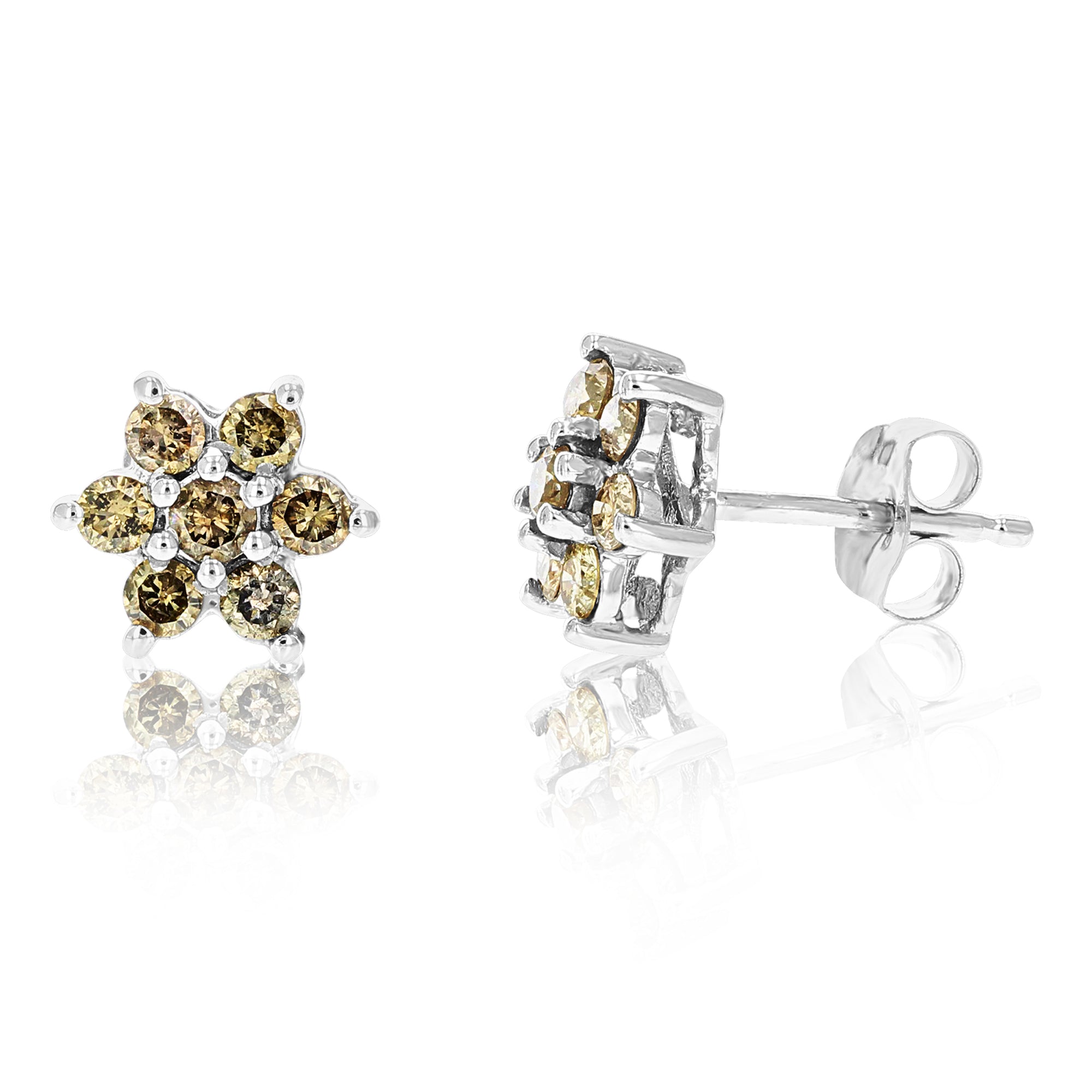 1/2 cttw Champagne Diamond Cluster Composite Stud Earrings 14K White Gold Round