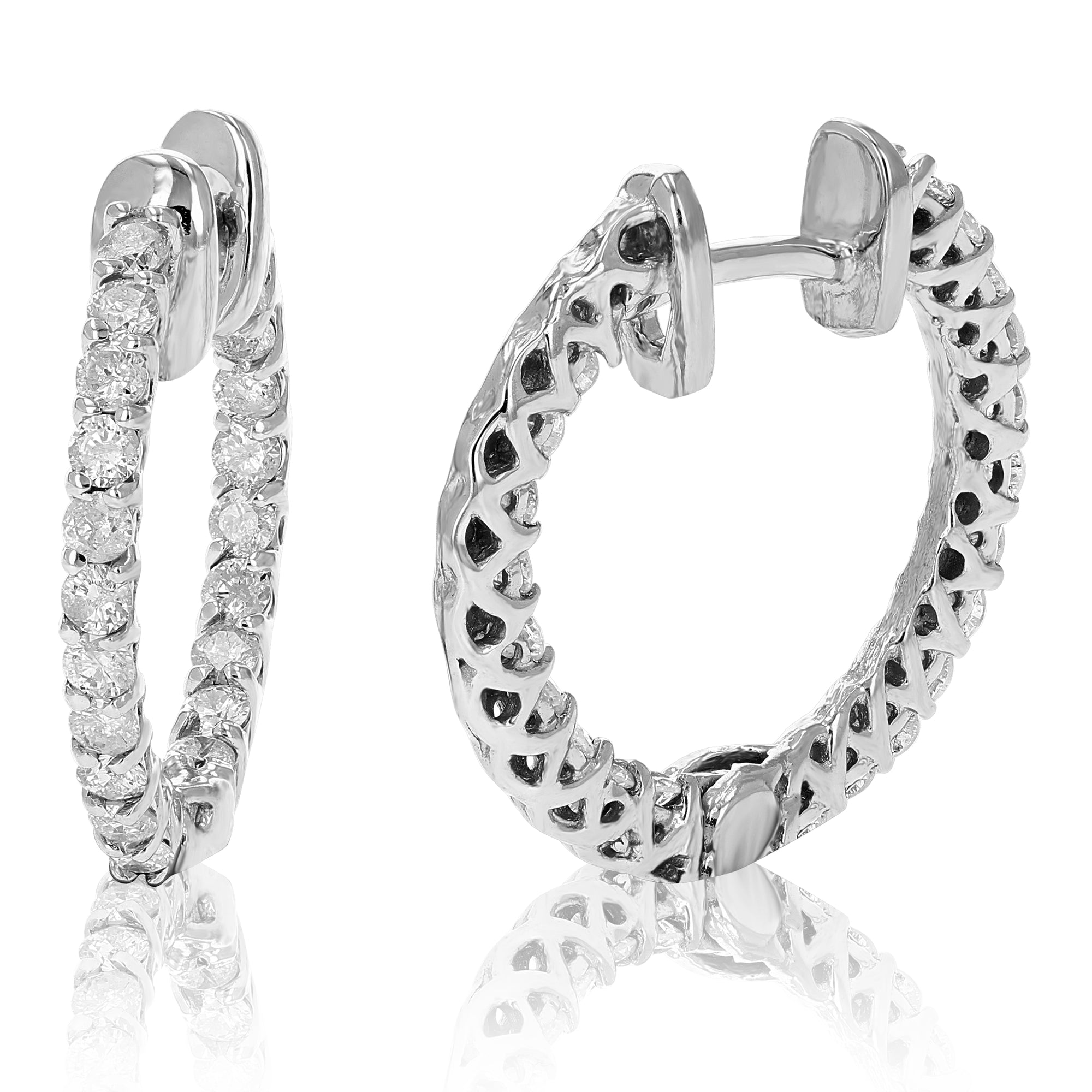 1 cttw Diamond Inside Out Hoop Earrings 14K White Gold Round Prong Set 2/3 Inch