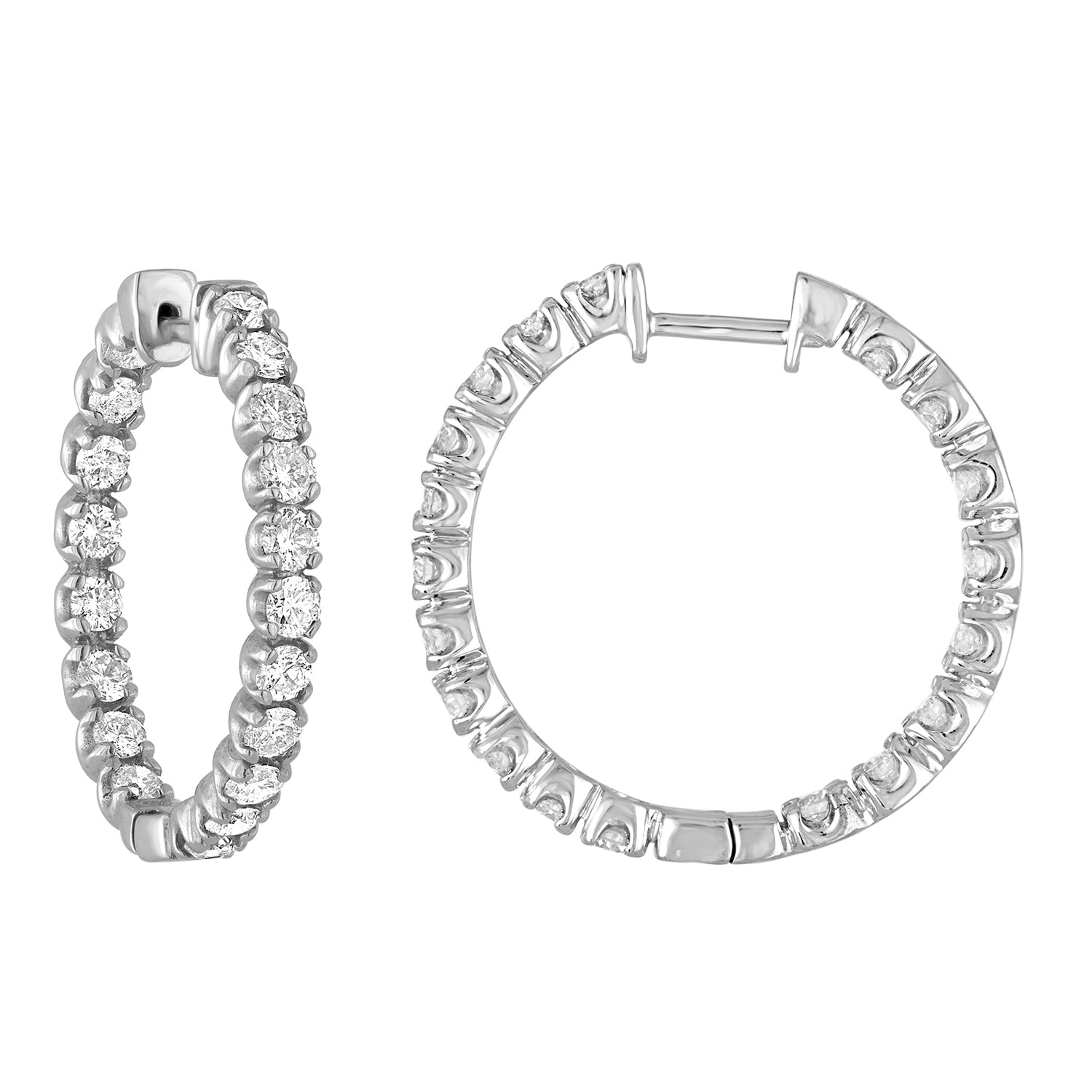3.38 cttw Diamond Inside Out Hoop Earrings 14K White Gold Round Prong Set 1 Inch