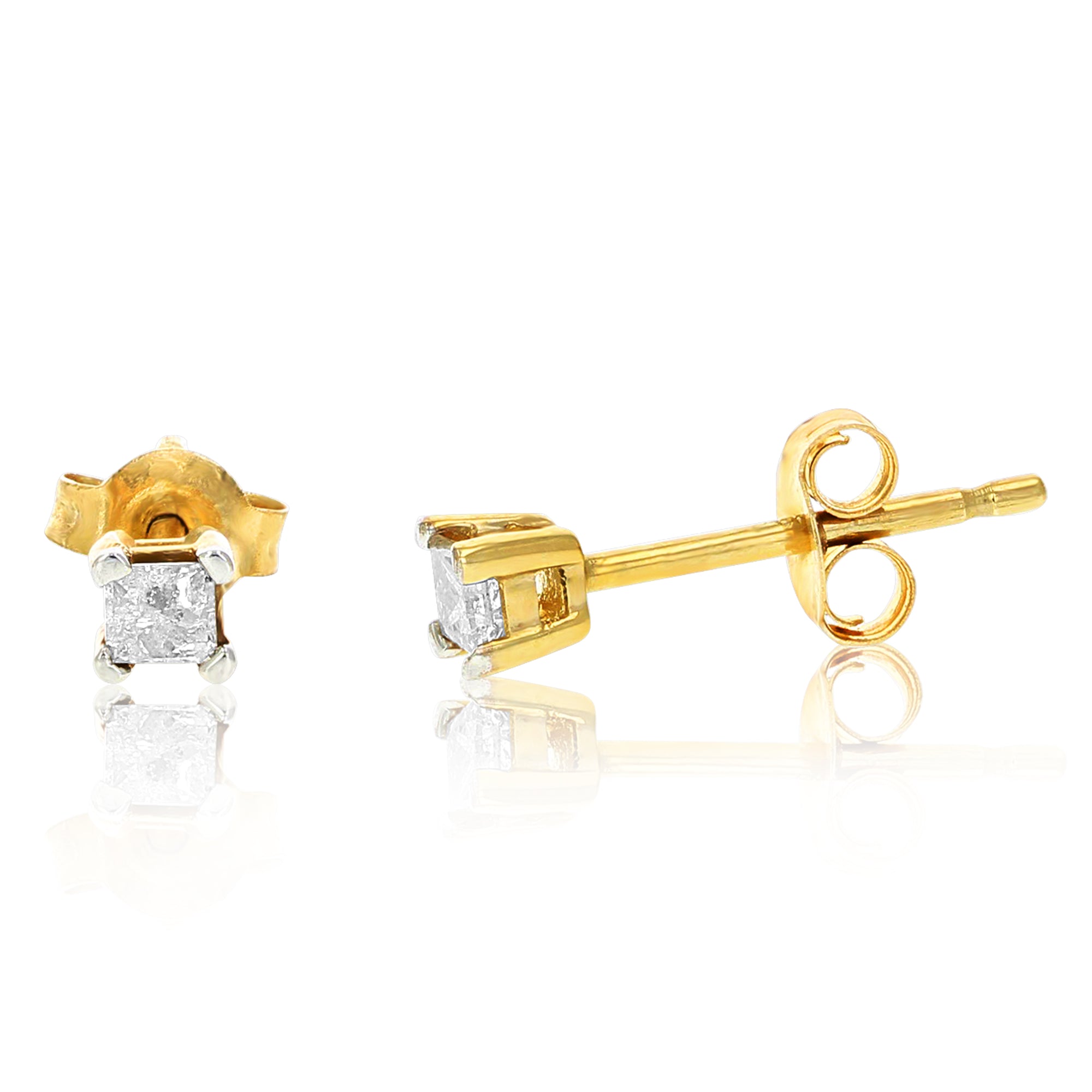 1/10 cttw Princess Cut Diamond Stud Earrings 14K Yellow Gold Push Backs Square