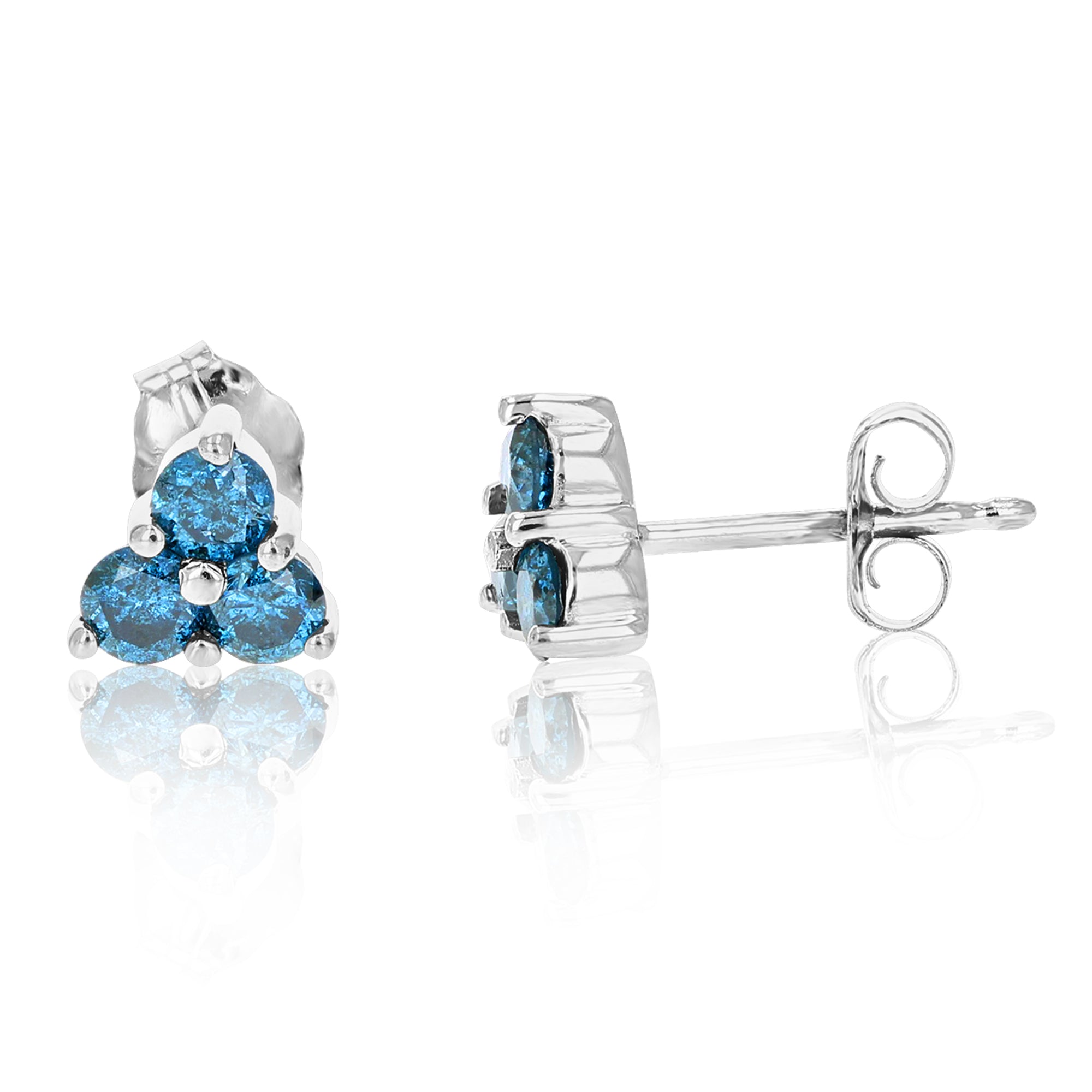 1/4 cttw 3 Stone Blue Diamond Stud Earrings 14k White Gold Triangle Push Backs