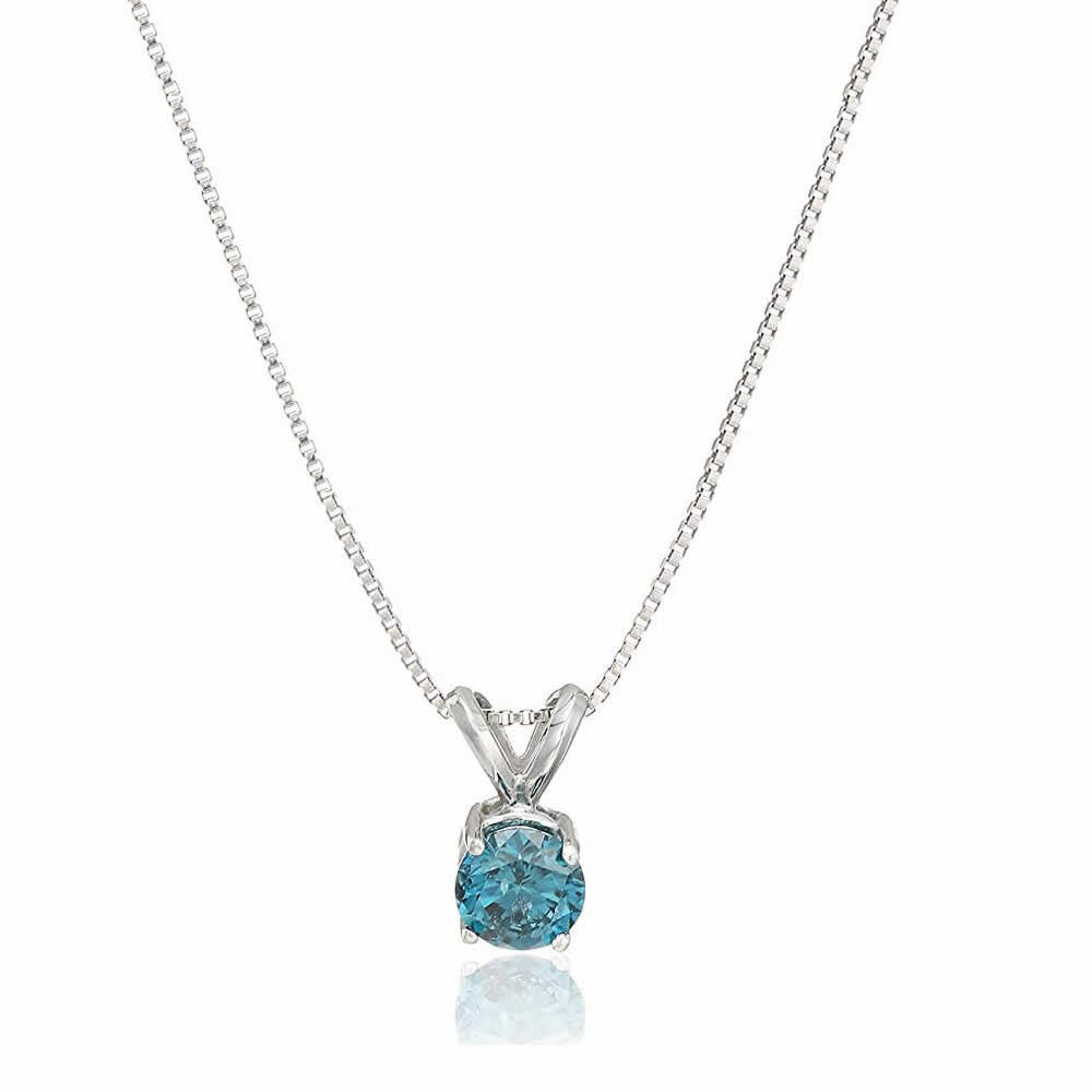 1/4 cttw Blue Diamond Solitaire Pendant Necklace 14K White Gold Round with Chain