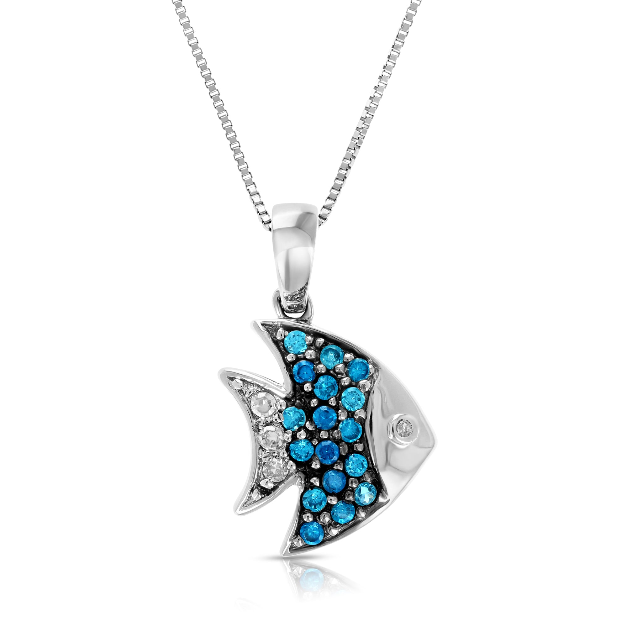 1/2 cttw Blue Diamond Fish Pendant Necklace 14K White Gold with 18 Inch Chain
