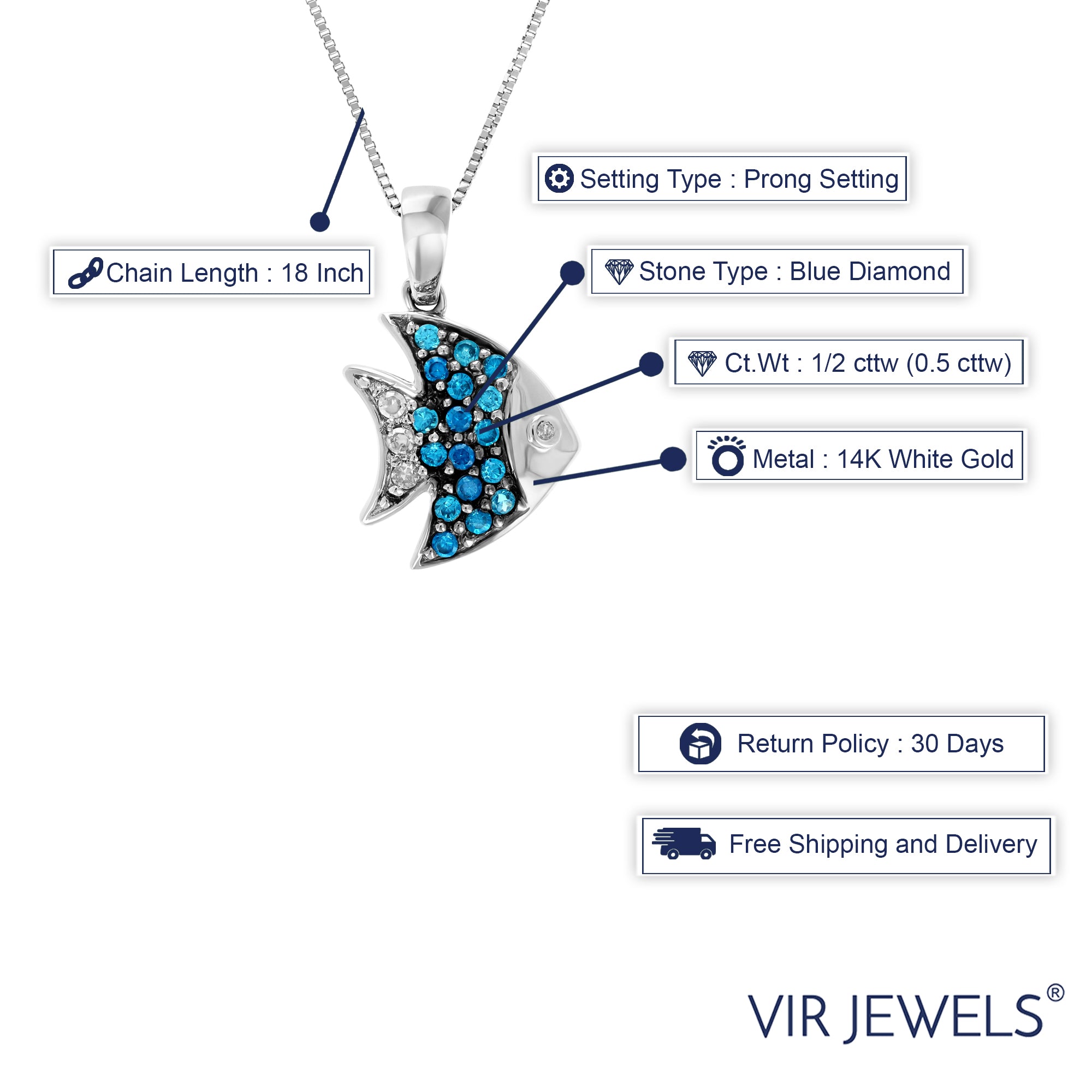 1/2 cttw Blue Diamond Fish Pendant Necklace 14K White Gold with 18 Inch Chain