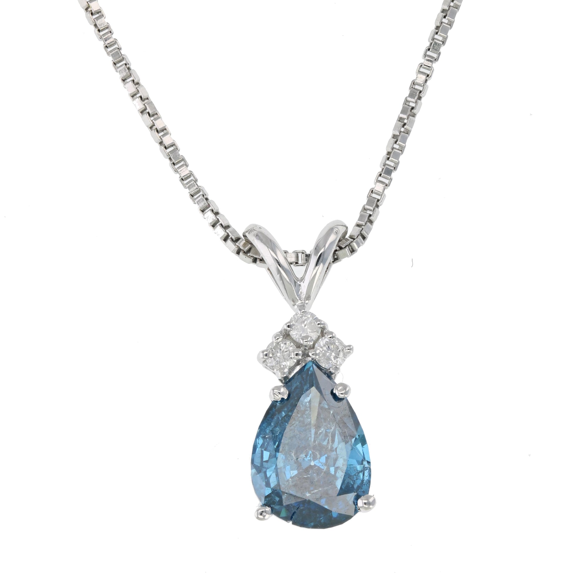 1 cttw Blue and White Diamond Pear Shape Solitaire Pendant 14K White Gold Chain