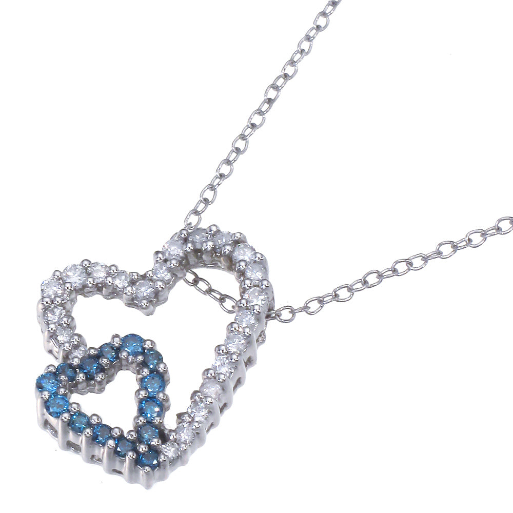 1/4 cttw Blue and White Diamond Double Heart Pendant Necklace 14K White Gold