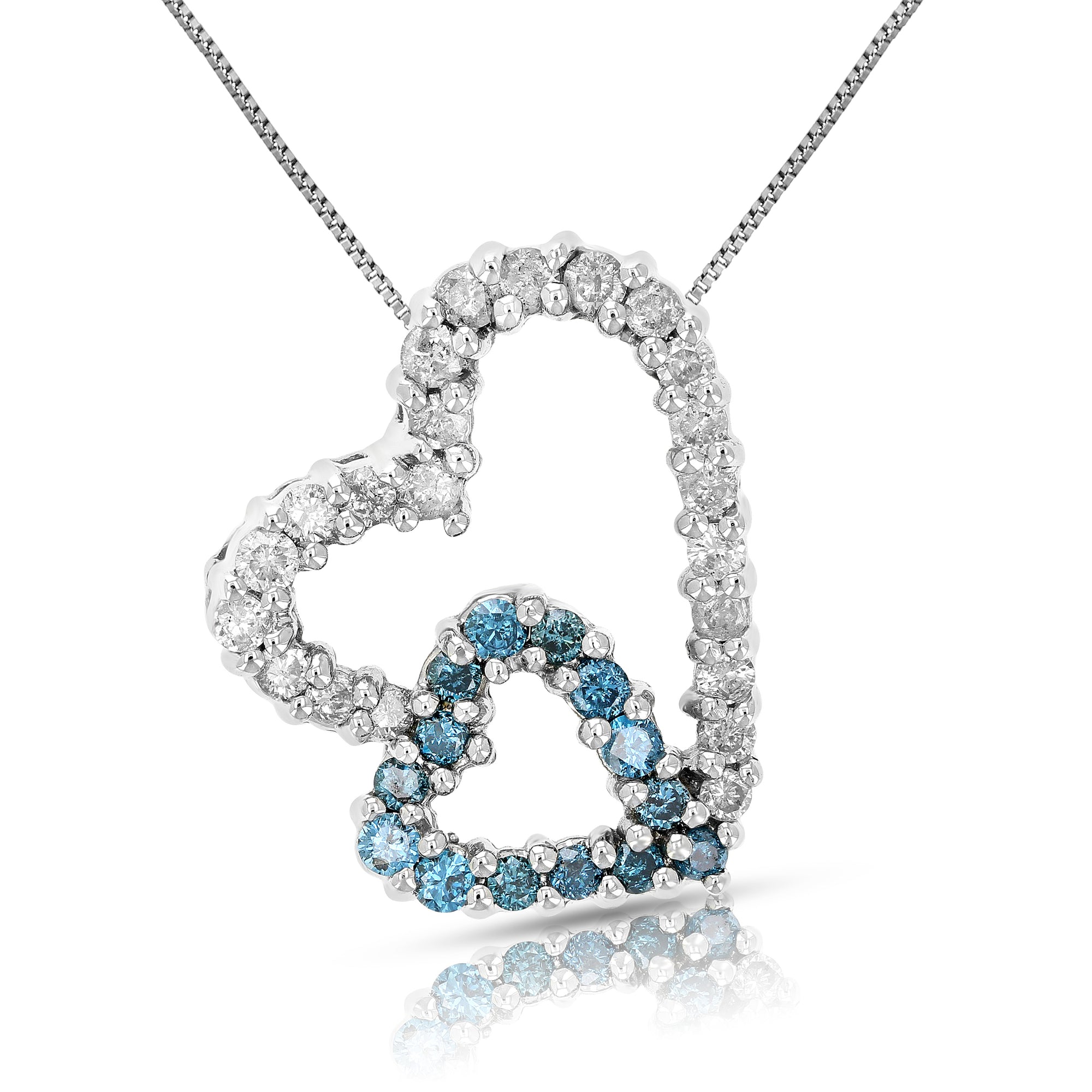 1/4 cttw Blue and White Diamond Double Heart Pendant Necklace 14K White Gold