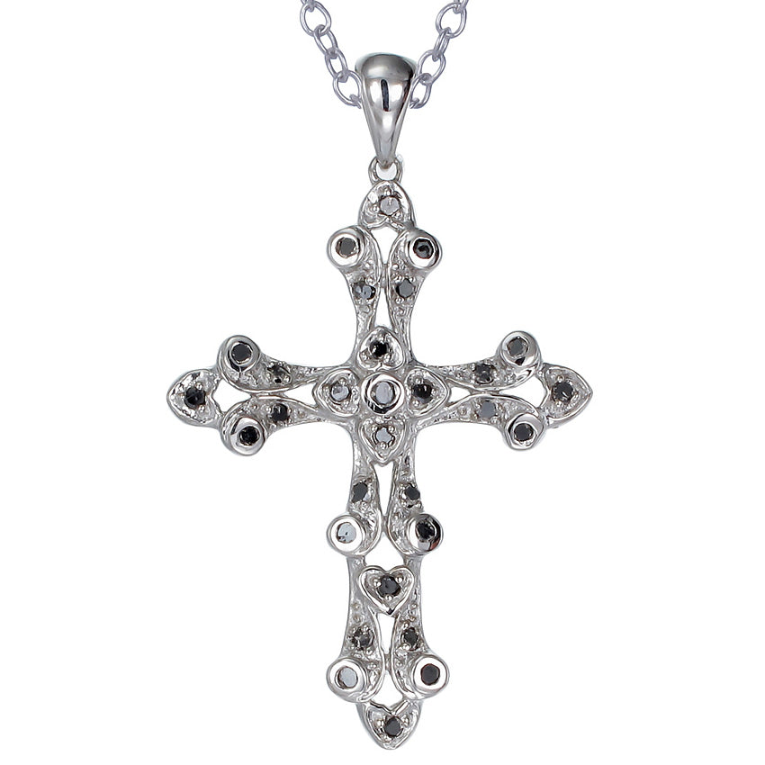 1/4 cttw Black Diamond Cross Pendant Necklace .925 Sterling Silver with Chain