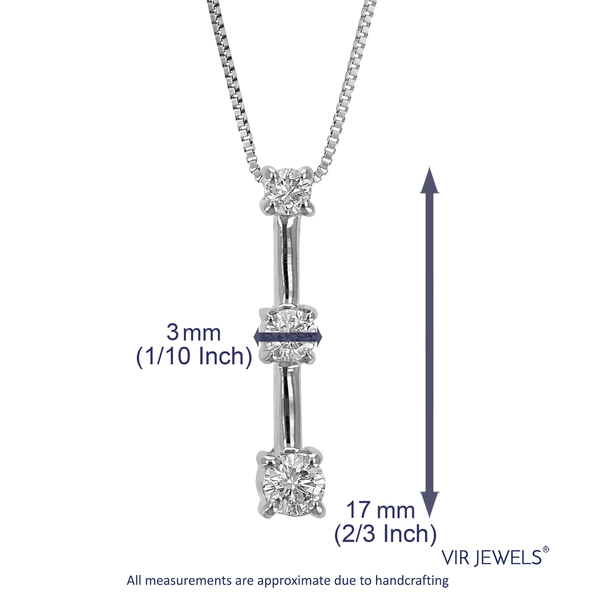 1/4 cttw 3 Stone Diamond Pendant Necklace 14K White Gold With Chain 3/4 Inch