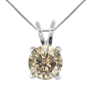 1/4 cttw Champagne Diamond Solitaire Pendant 14K White Gold Round with Chain