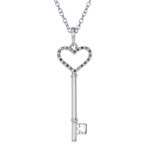 1/8 cttw Black Diamond Heart and Key Pendant .925 Sterling Silver with Chain