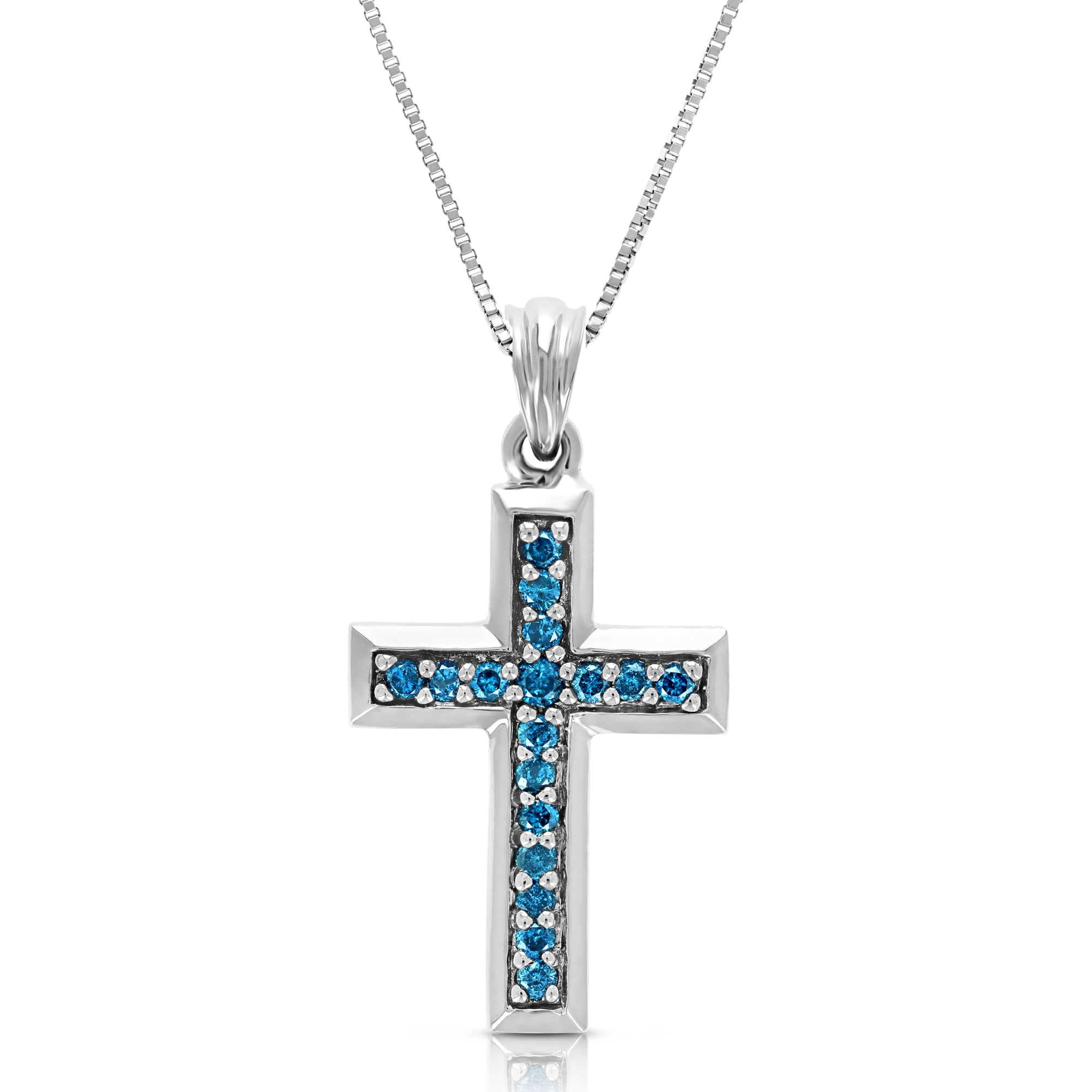 1/4 cttw Blue Diamond Cross Pendant Necklace 14K White Gold with 18 Inch Chain